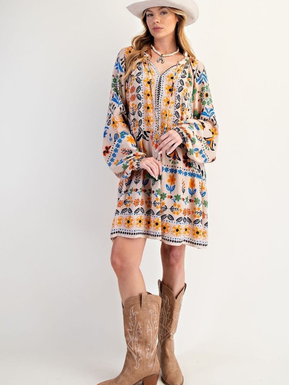 P4-0908Easel Fall Tapestry Floral Beige Midi Dress